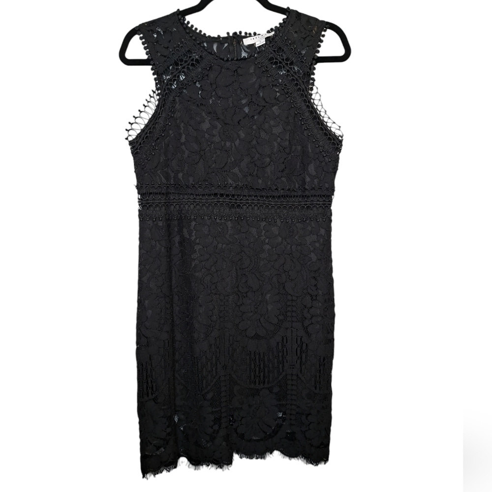 FAVLUX • Black Lace/Crochet Overlay Sleeveless Sheath Mini Dress • Large • EUC •